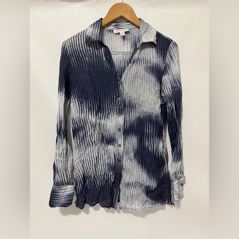 Coldwater Creek Womens Blouse M Blue & White Button Up Tie Dye Marble Watercolor